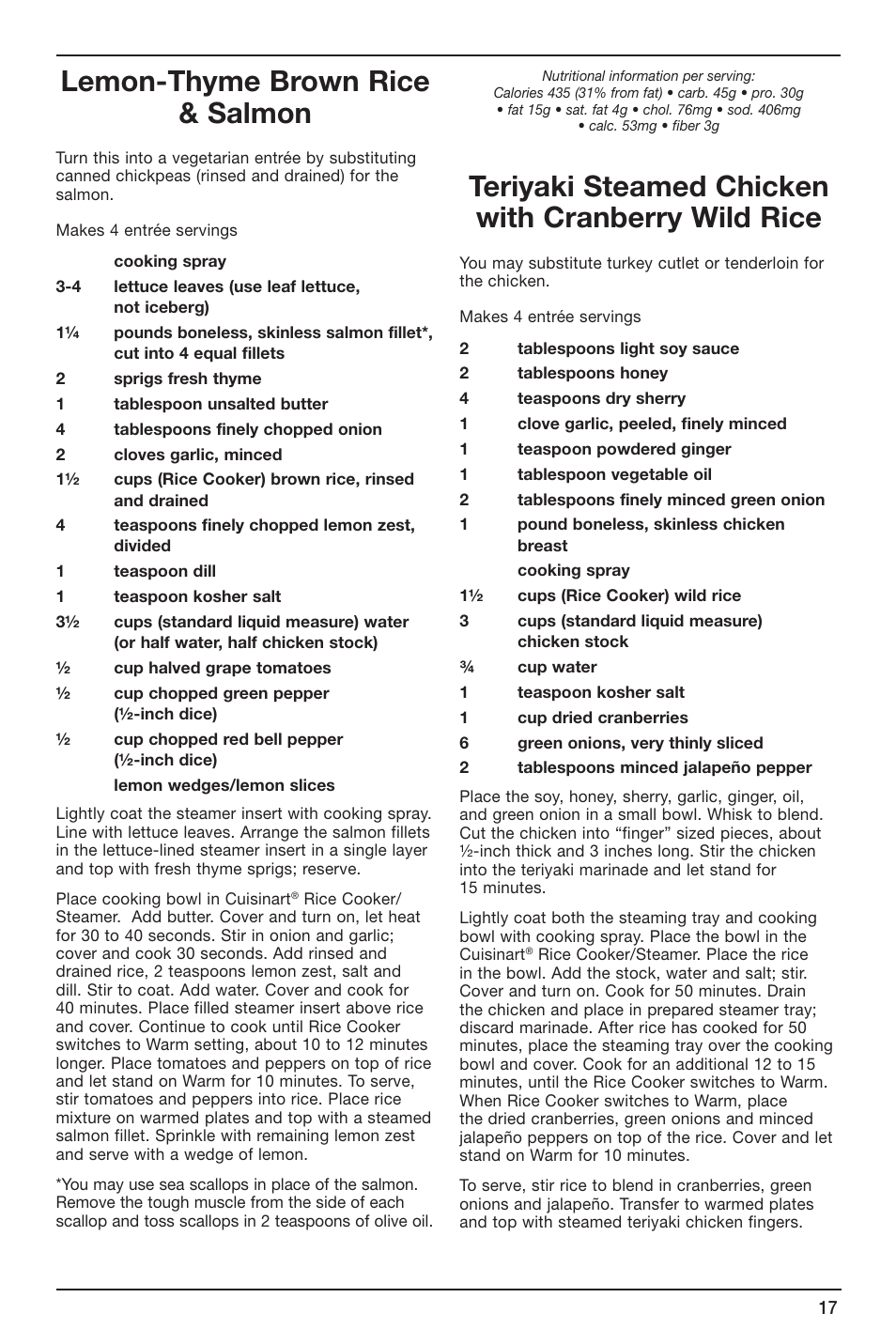 Lemon-thyme brown rice & salmon, Teriyaki steamed chicken with cranberry wild rice | Cuisinart CRC-800 User Manual | Page 17 / 21