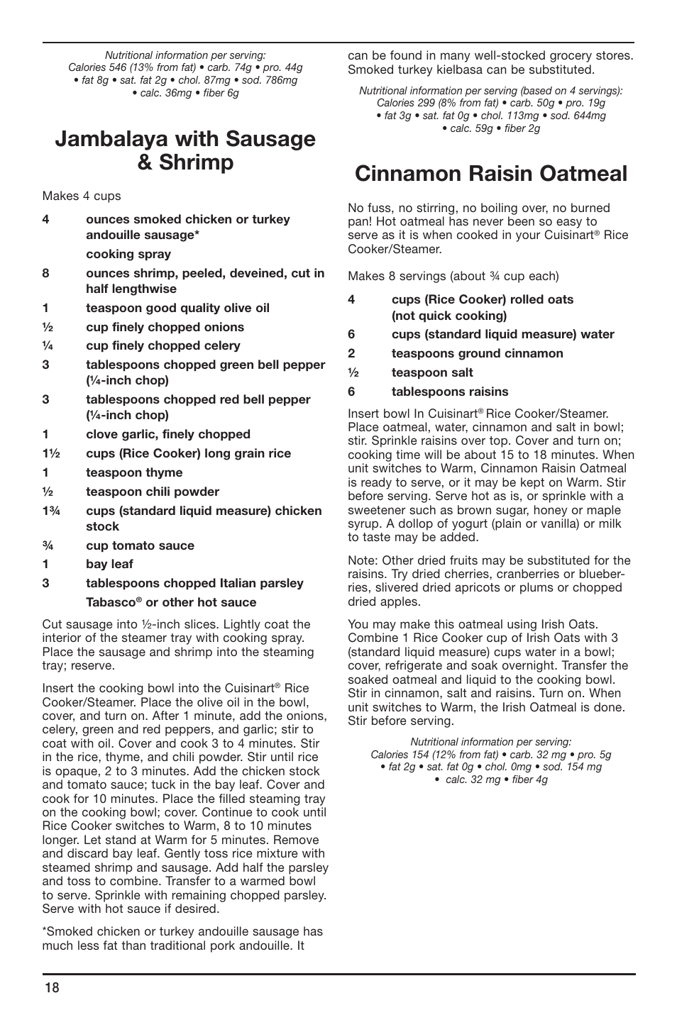 Jambalaya with sausage & shrimp, Cinnamon raisin oatmeal | Cuisinart CRC-800 User Manual | Page 18 / 21