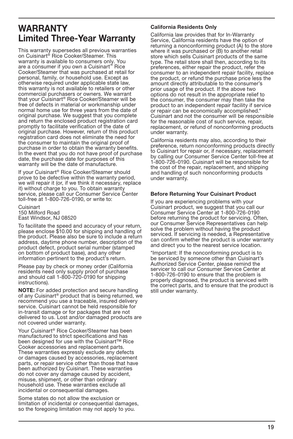 Warranty limited three-year warranty | Cuisinart CRC-800 User Manual | Page 19 / 21