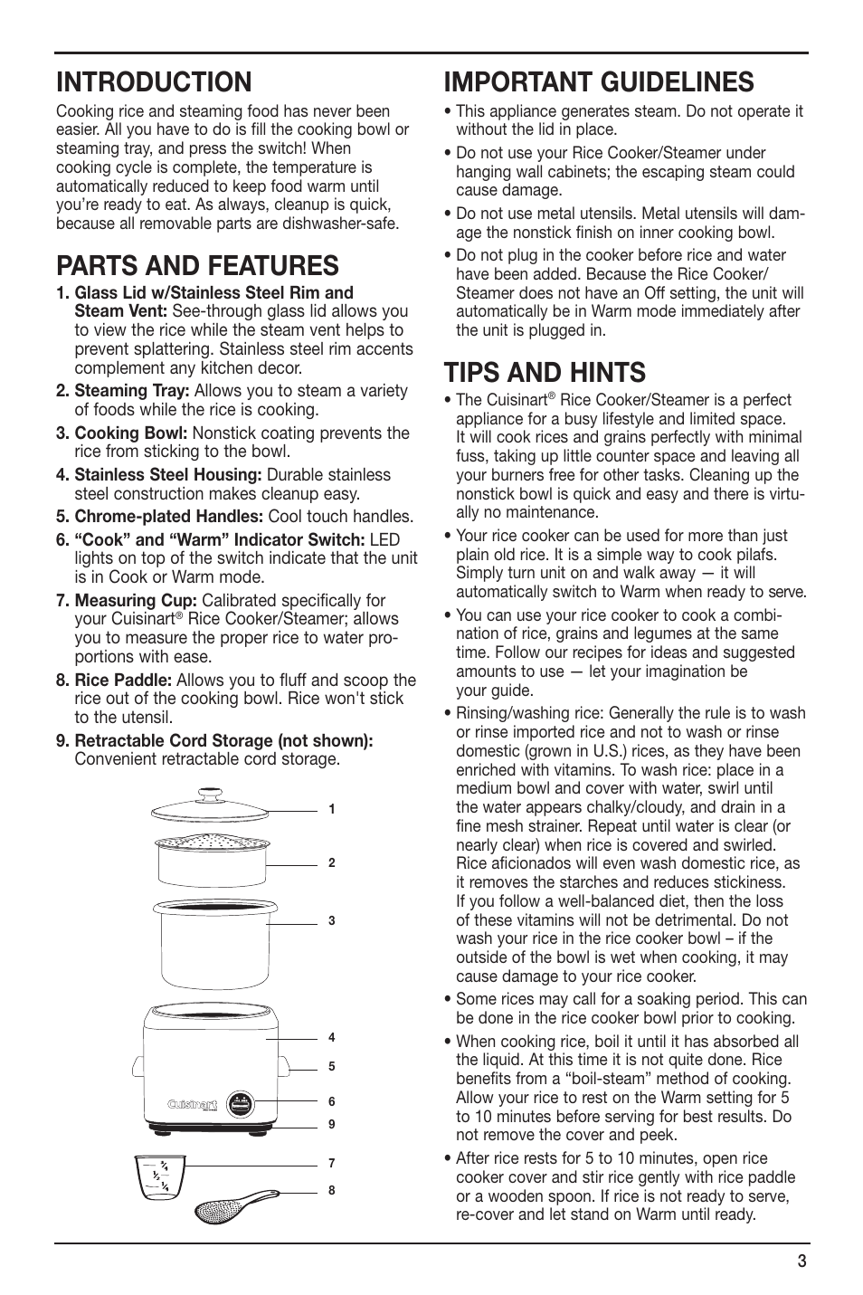 Introduction, Parts and features, Important guidelines | Tips and hints | Cuisinart CRC-800 User Manual | Page 3 / 21