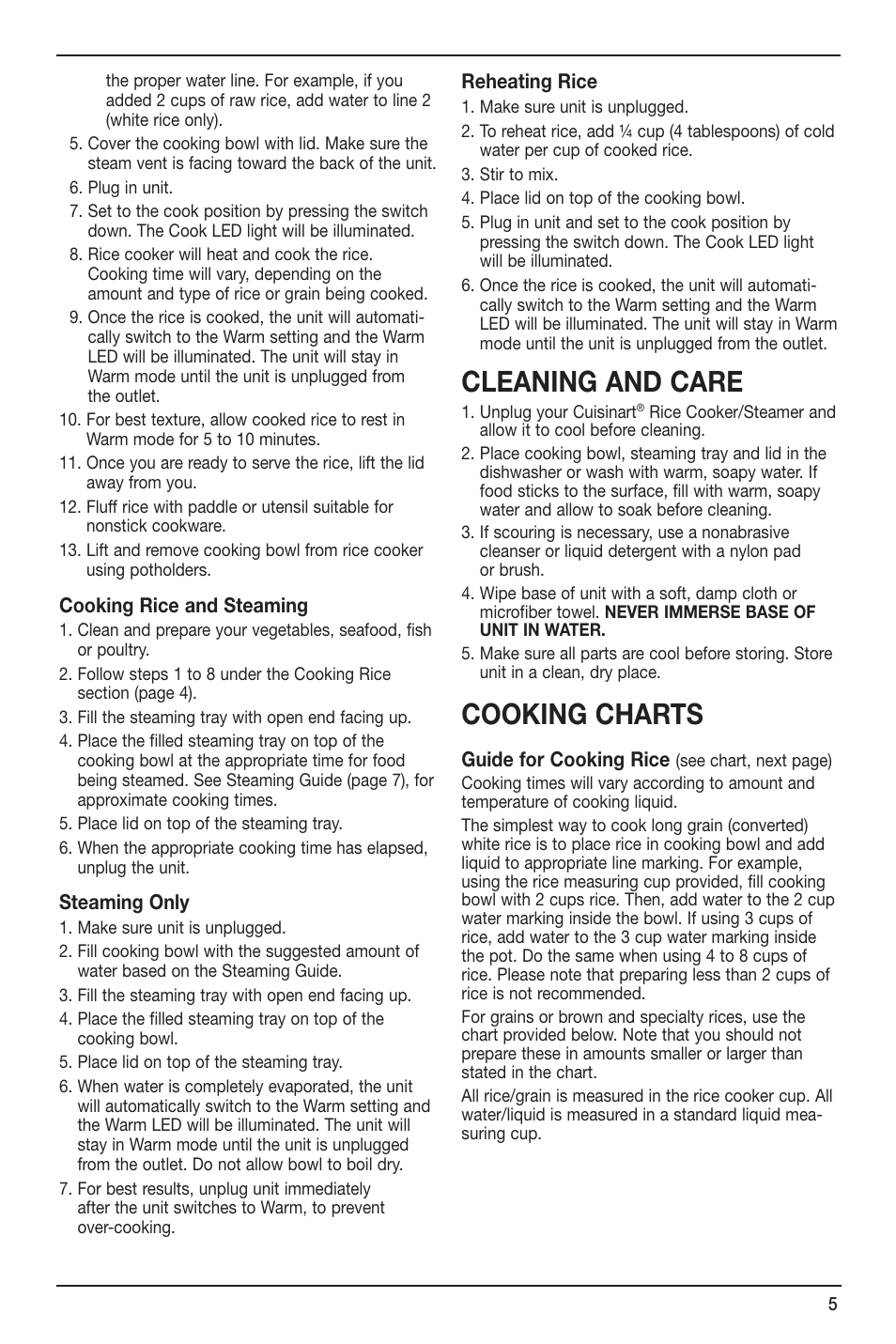 Cleaning and care, Cooking charts, Cooking rice and steaming | Steaming only, Reheating rice, Guide for cooking rice | Cuisinart CRC-800 User Manual | Page 5 / 21