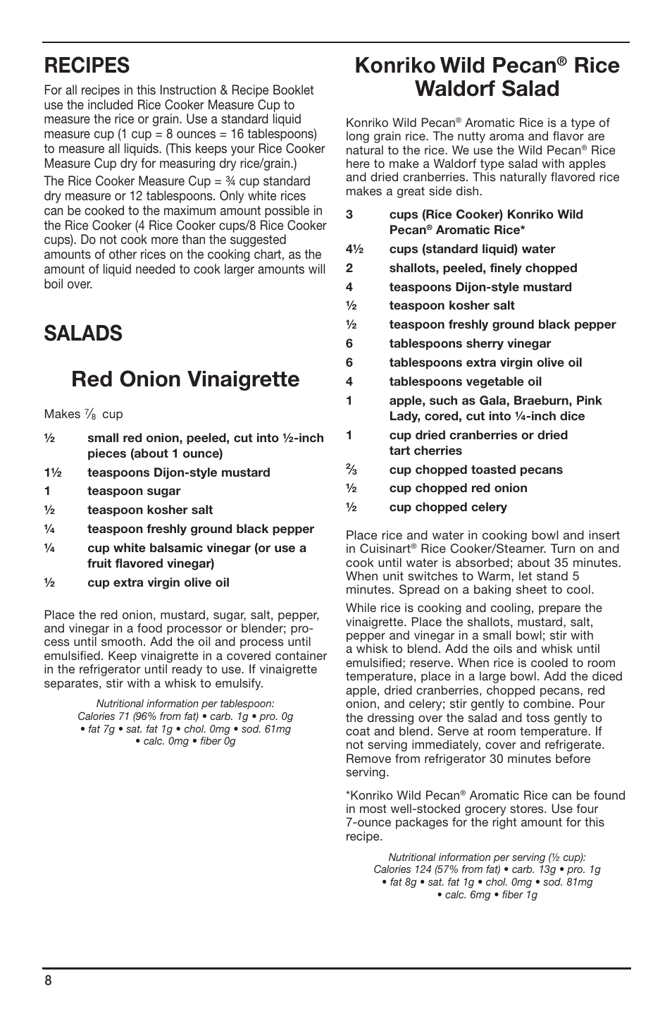 Recipes, Salads red onion vinaigrette, Konriko | Wild pecan, Rice waldorf salad | Cuisinart CRC-800 User Manual | Page 8 / 21