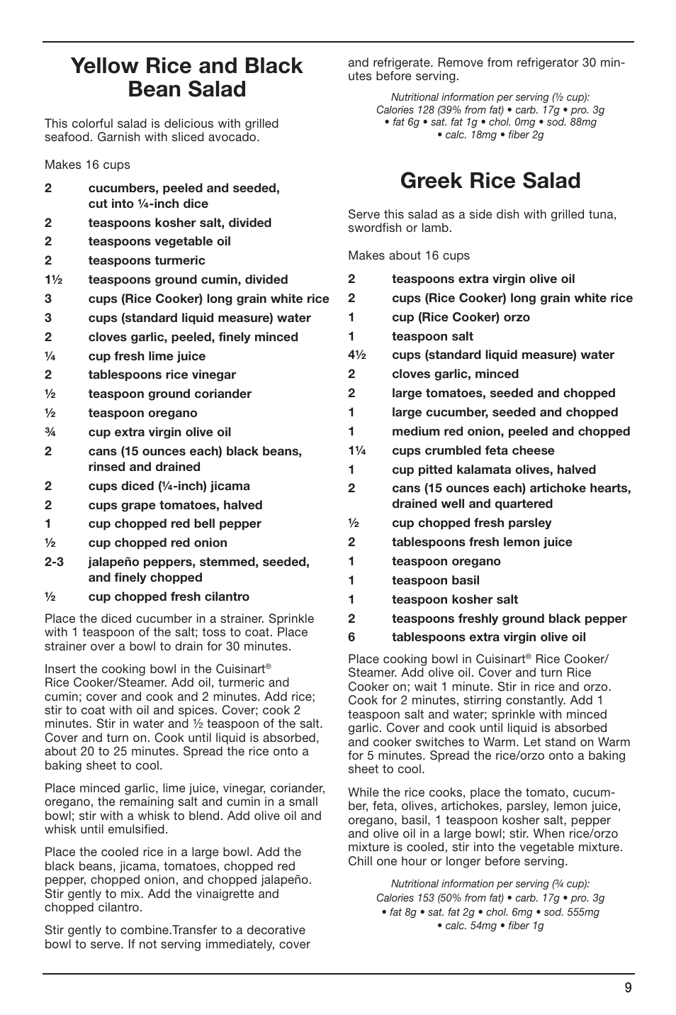 Yellow rice and black bean salad, Greek rice salad | Cuisinart CRC-800 User Manual | Page 9 / 21