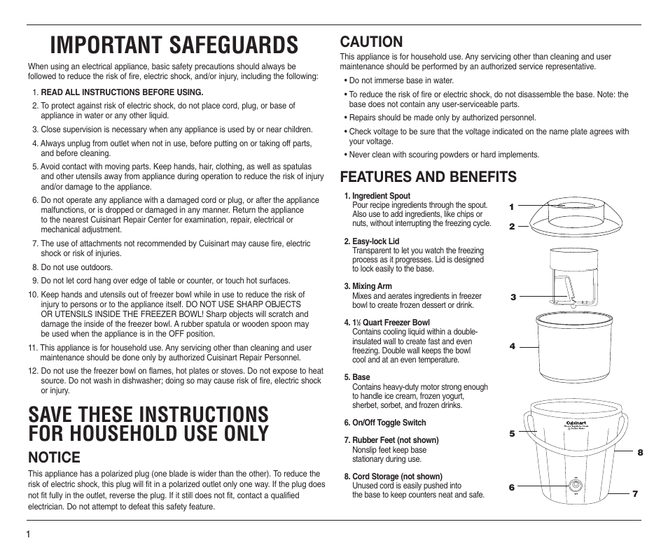 Important safeguards, Save these instructions for household use only, Notice | Caution, Features and benefits | Cuisinart ICE-25 User Manual | Page 2 / 5