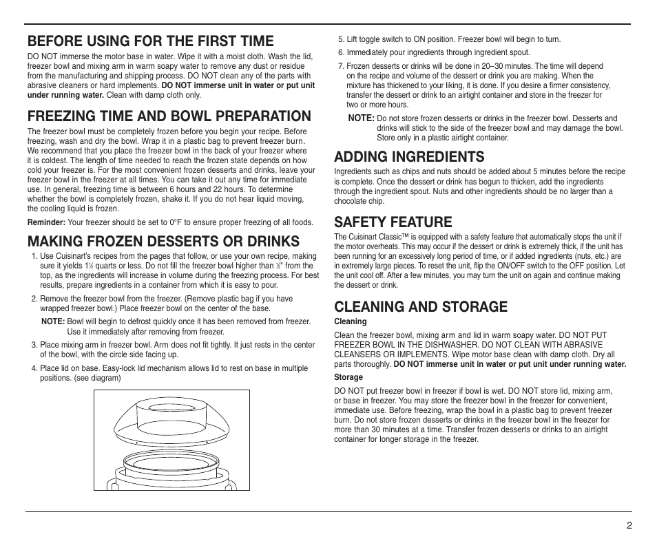 Before using for the first time, Freezing time and bowl preparation, Making frozen desserts or drinks | Adding ingredients, Safety feature, Cleaning and storage | Cuisinart ICE-25 User Manual | Page 3 / 5