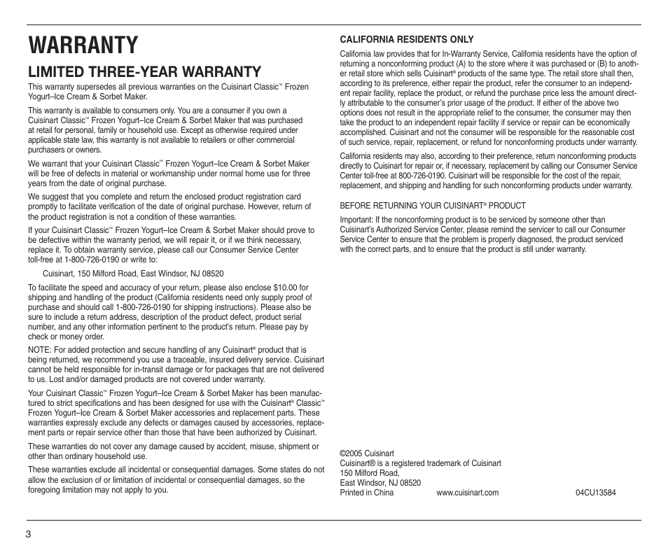 Warranty, Limited three-year warranty | Cuisinart ICE-25 User Manual | Page 4 / 5