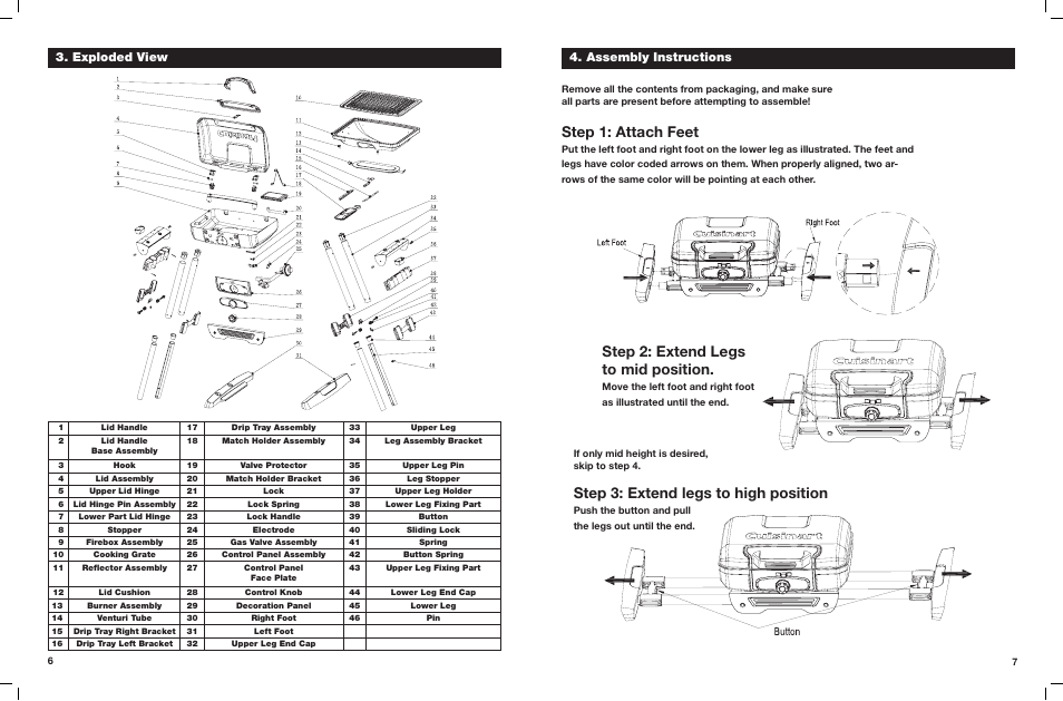 Step 1: attach feet, Step 2: extend legs to mid position, Step 3: extend legs to high position | Assembly instructions, Exploded view | Cuisinart Portable LP Gas Grill CGG-180 User Manual | Page 4 / 9