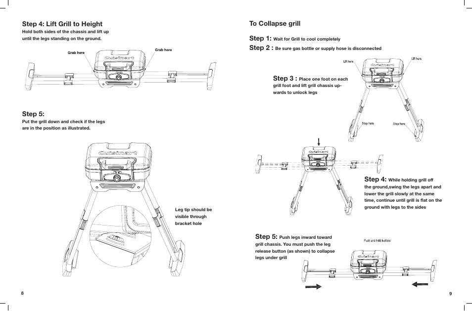 Step 4: lift grill to height, Step 5, Step 2 | Step 4, Step 3 | Cuisinart Portable LP Gas Grill CGG-180 User Manual | Page 5 / 9