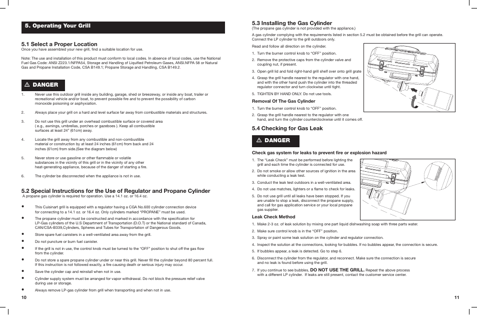 Operating your grill 5.1 select a proper location, Danger, 3 installing the gas cylinder | 4 checking for gas leak | Cuisinart Portable LP Gas Grill CGG-180 User Manual | Page 6 / 9