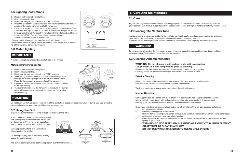 5 lighting instructions, 6 match lighting important, M caution | 7 using the grill, Care and maintenance 6.1 care, 2 cleaning the venturi tube, Warning, 3 cleaning and maintenance | Cuisinart Portable LP Gas Grill CGG-180 User Manual | Page 7 / 9