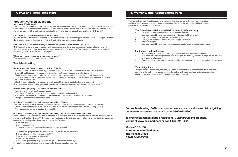 Faq and troubleshooting frequently asked questions, Troubleshooting, Warranty and replacement parts | Cuisinart Portable LP Gas Grill CGG-180 User Manual | Page 8 / 9