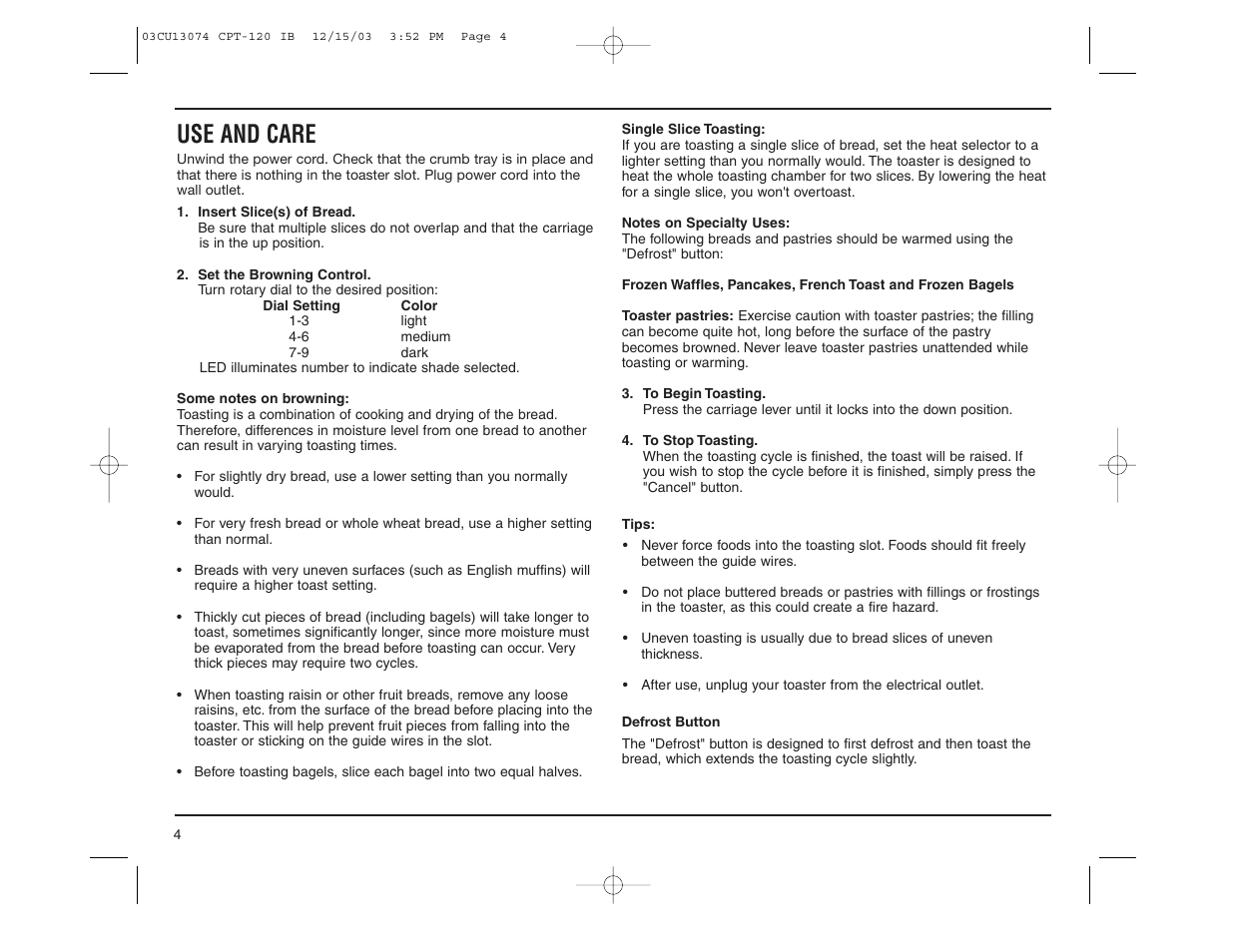 Use and care | Cuisinart CPT-120 User Manual | Page 4 / 8