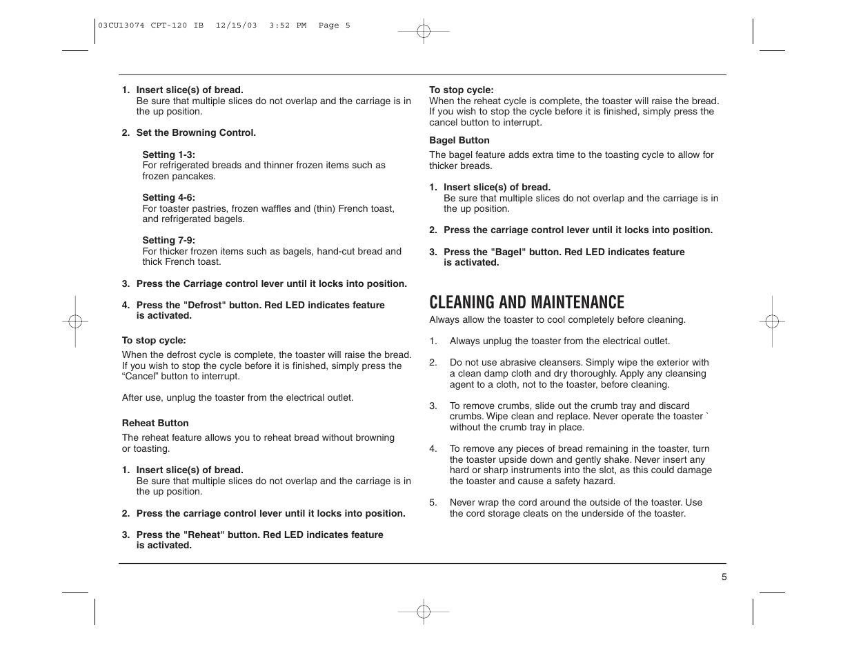 Cleaning and maintenance | Cuisinart CPT-120 User Manual | Page 5 / 8