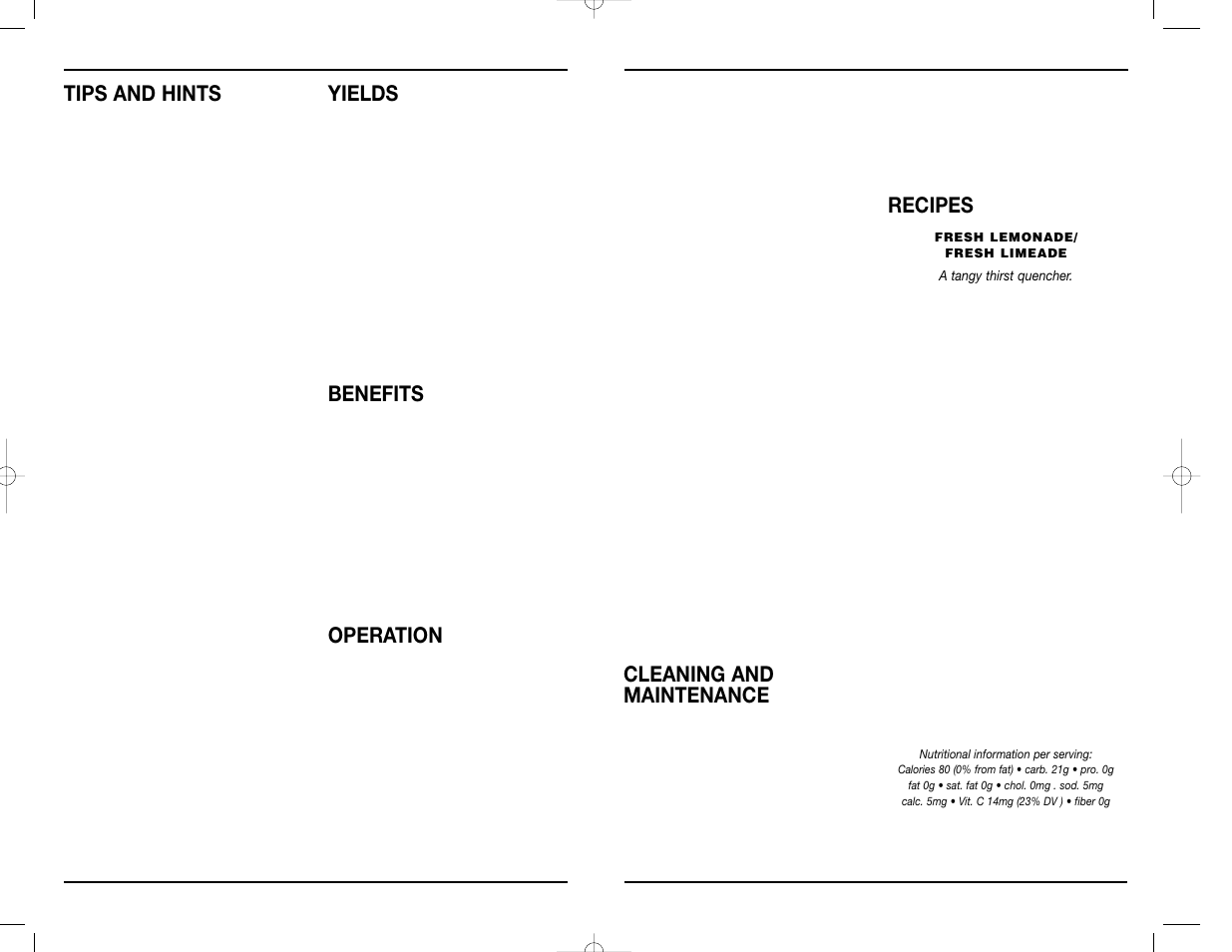 Tips and hints, Yields, Benefits | Operation, Cleaning and maintenance, Recipes | Cuisinart CCJ-100C User Manual | Page 3 / 6