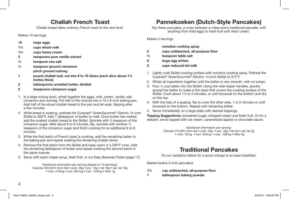 Challah french toast, Pannekoeken (dutch-style pancakes), Traditional pancakes | Cuisinart GreenGourmet 10ce114829 User Manual | Page 4 / 19