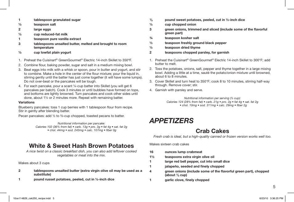 Appetizers, White & sweet hash brown potatoes, Crab cakes | Cuisinart GreenGourmet 10ce114829 User Manual | Page 5 / 19