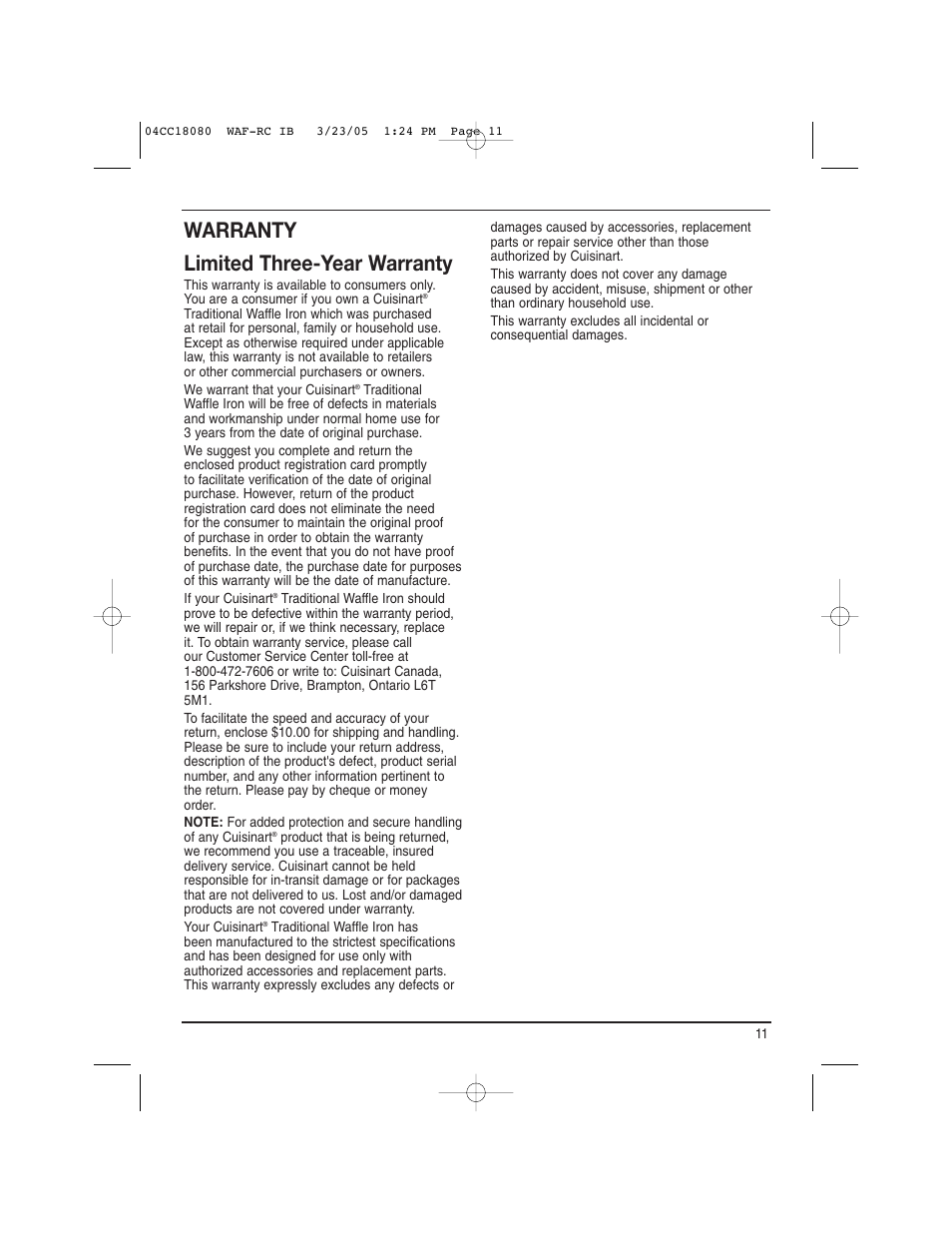 Warranty limited three-year warranty | Cuisinart WAF-RC User Manual | Page 11 / 12