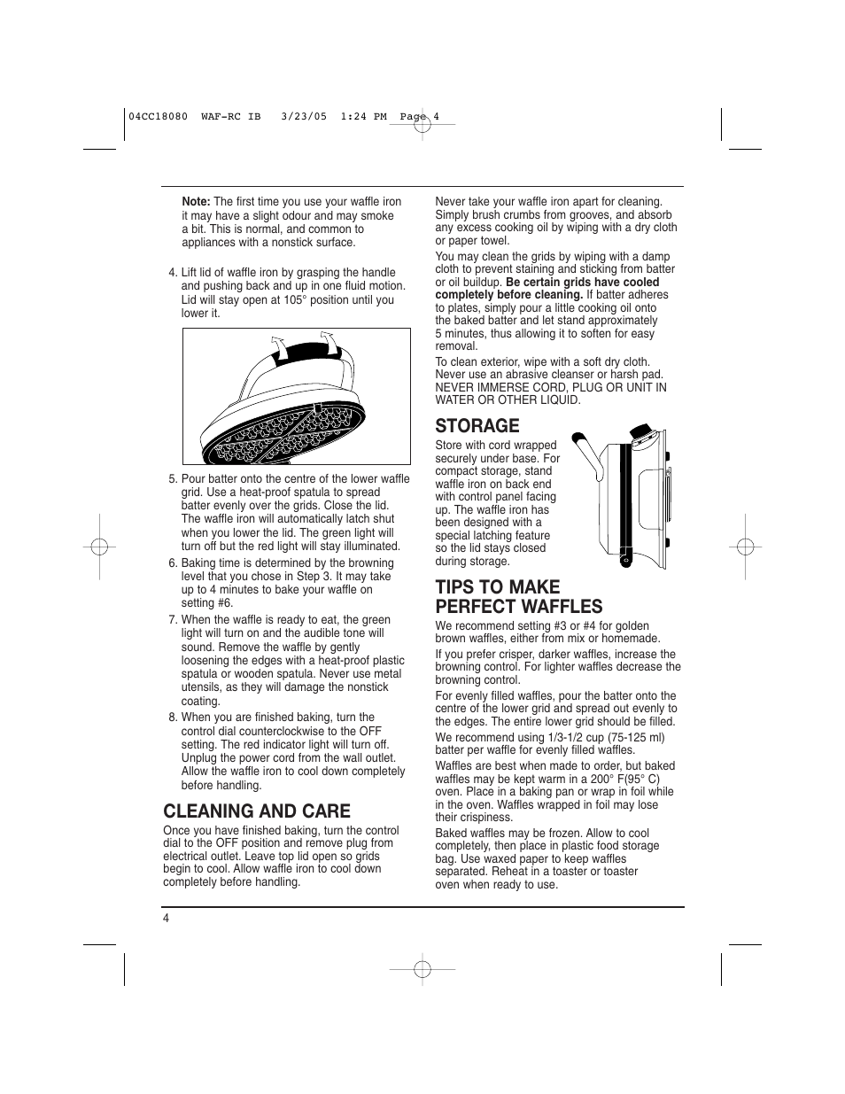 Cleaning and care, Storage, Tips to make perfect waffles | Cuisinart WAF-RC User Manual | Page 4 / 12