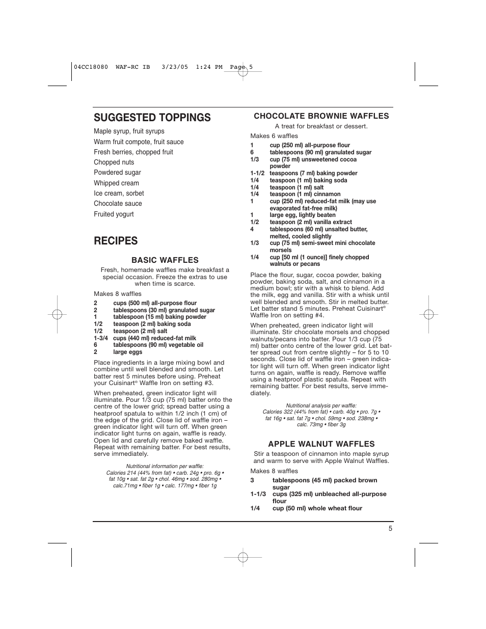 Suggested toppings, Recipes | Cuisinart WAF-RC User Manual | Page 5 / 12