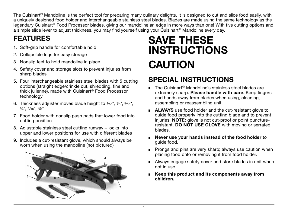 Save these instructions caution, Features, Special instructions | Cuisinart Mandoline CTG-00-MAN User Manual | Page 2 / 12