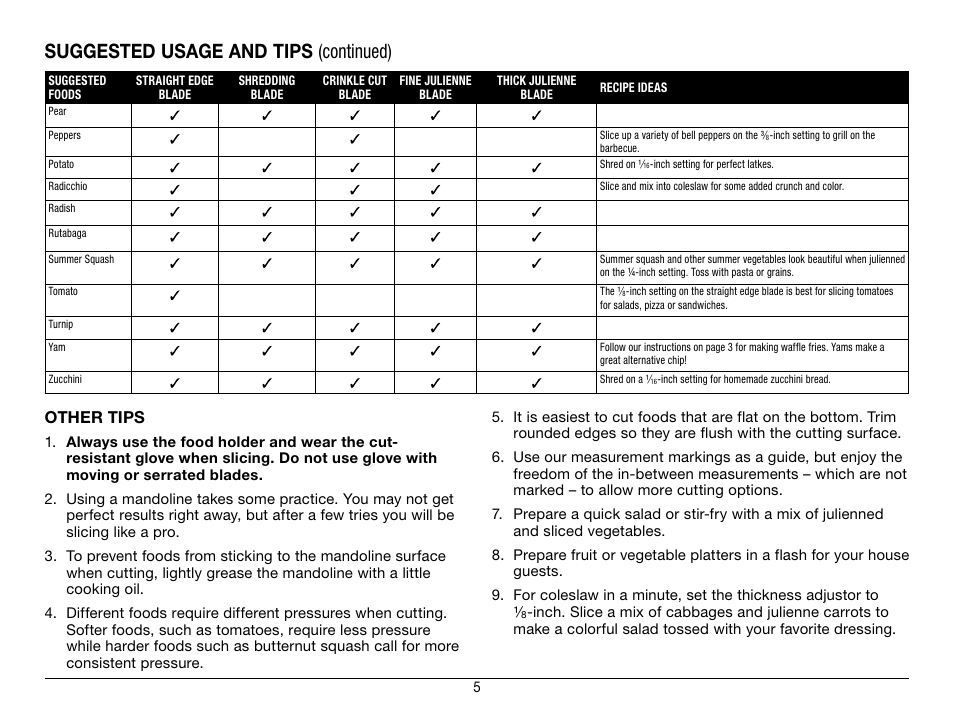 Suggested usage and tips (continued), Other tips | Cuisinart Mandoline CTG-00-MAN User Manual | Page 6 / 12