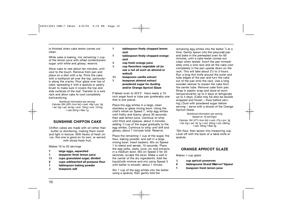 Sunshine chiffon cake, Orange apricot glaze | Cuisinart CHM-7 User Manual | Page 10 / 24