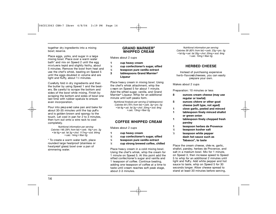 Grand marnier, Whipped cream, Coffee whipped cream | Herbed cheese | Cuisinart CHM-7 User Manual | Page 14 / 24