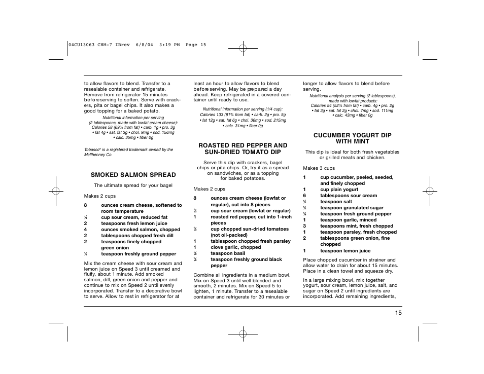 Smoked salmon spread, Cucumber yogurt dip with mint | Cuisinart CHM-7 User Manual | Page 15 / 24
