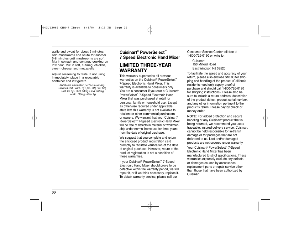 Limited three-year warranty, Cuisinart, Powerselect | 7 speed electronic hand mixer | Cuisinart CHM-7 User Manual | Page 22 / 24