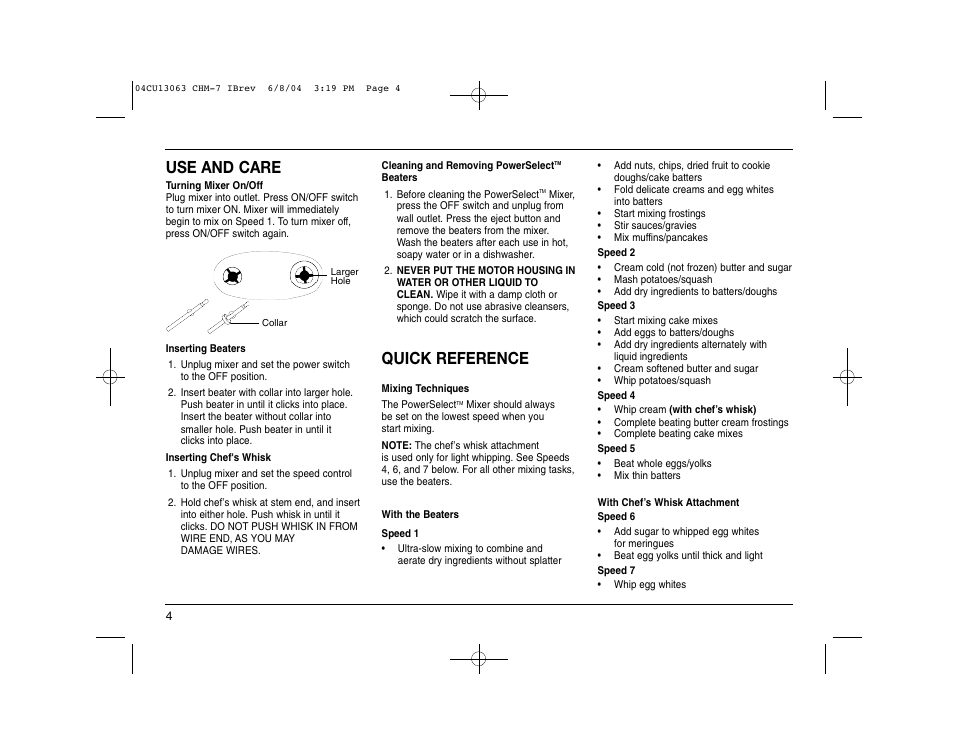 Use and care, Quick reference | Cuisinart CHM-7 User Manual | Page 4 / 24
