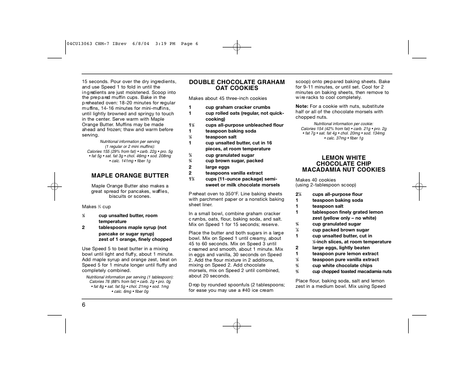 Maple orange butter, Double chocolate graham o at cookies | Cuisinart CHM-7 User Manual | Page 6 / 24