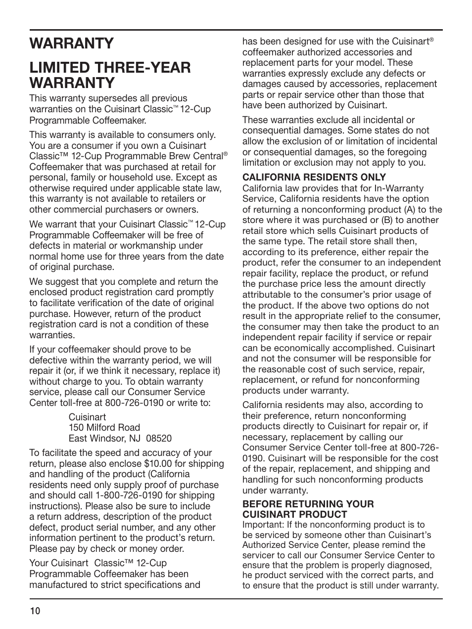 Warranty limited three-year warranty | Cuisinart CLASSICTM DCC-1100 User Manual | Page 10 / 13