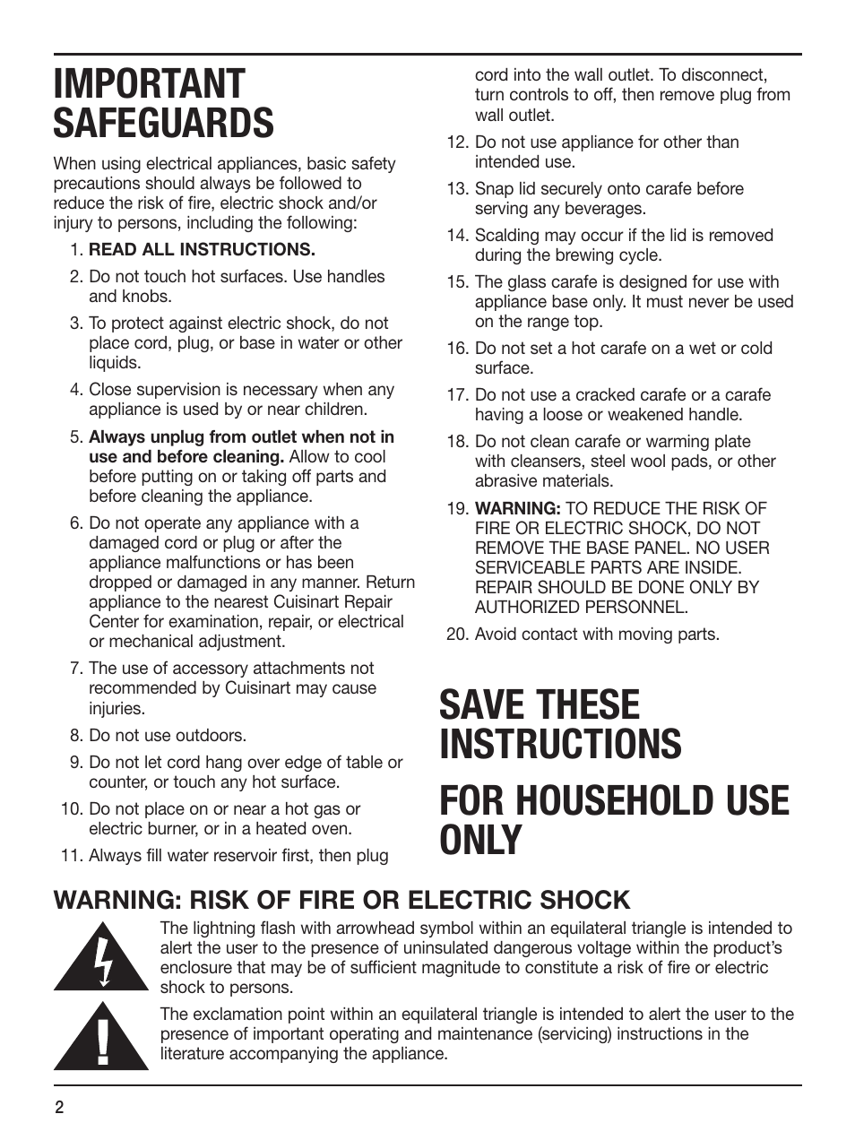 Important safeguards, Save these instructions for household use only, Warning: risk of fire or electric shock | Cuisinart CLASSICTM DCC-1100 User Manual | Page 2 / 13