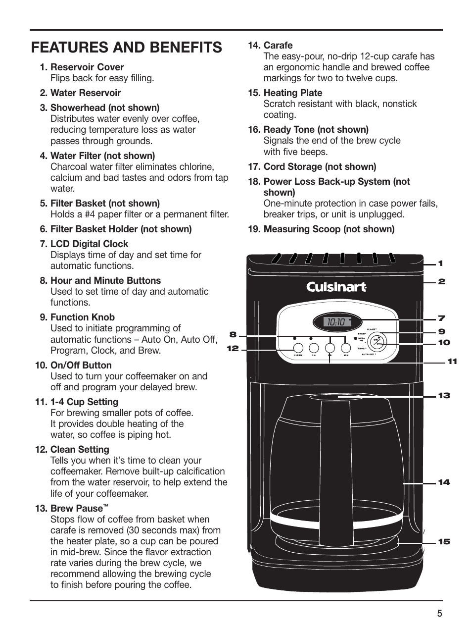 Features and benefits | Cuisinart CLASSICTM DCC-1100 User Manual | Page 5 / 13