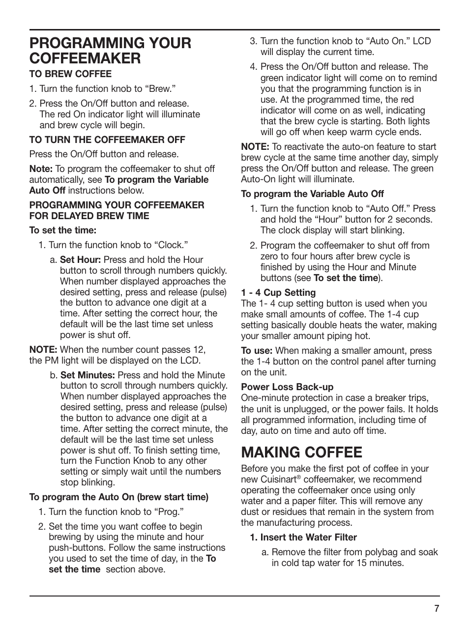 Programming your coffeemaker, Making coffee | Cuisinart CLASSICTM DCC-1100 User Manual | Page 7 / 13