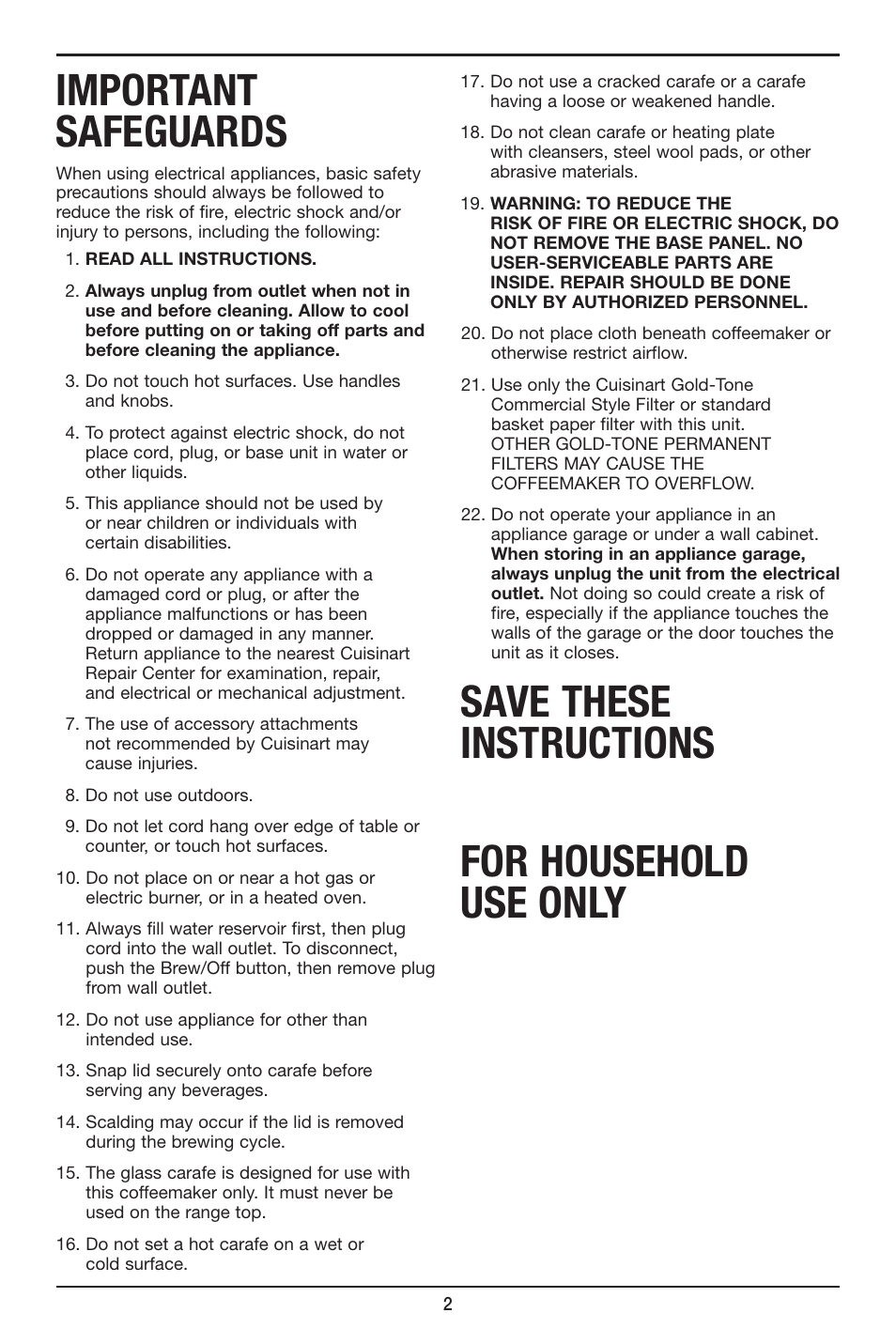 Important safeguards, Save these instructions for household use only | Cuisinart PERFECTEMP DCC-2800 User Manual | Page 2 / 13