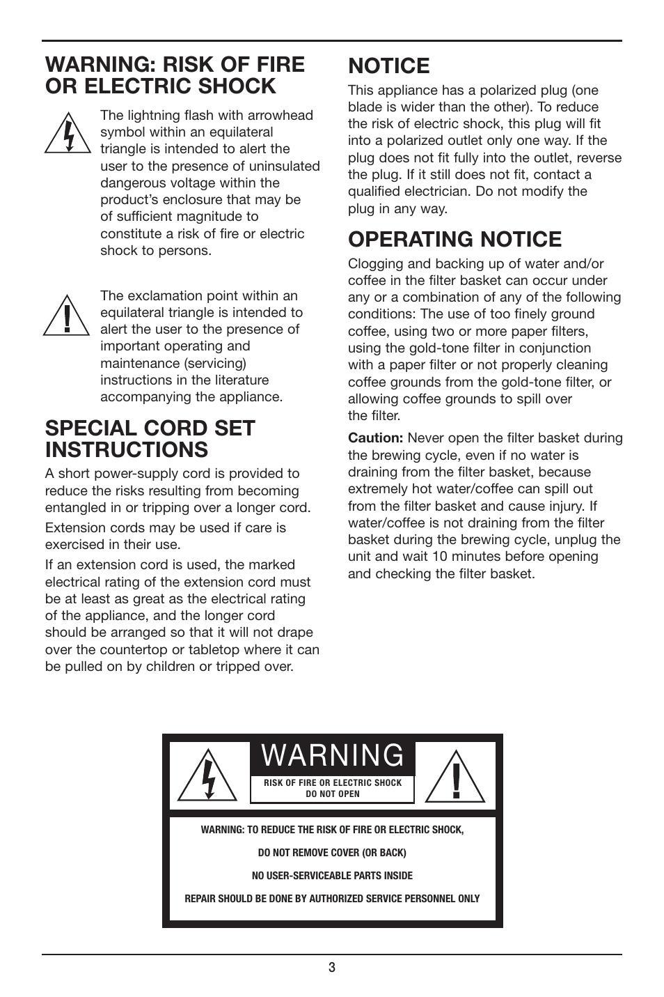 Warning, Warning: risk of fire or electric shock, Special cord set instructions | Notice, Operating notice | Cuisinart PERFECTEMP DCC-2800 User Manual | Page 3 / 13