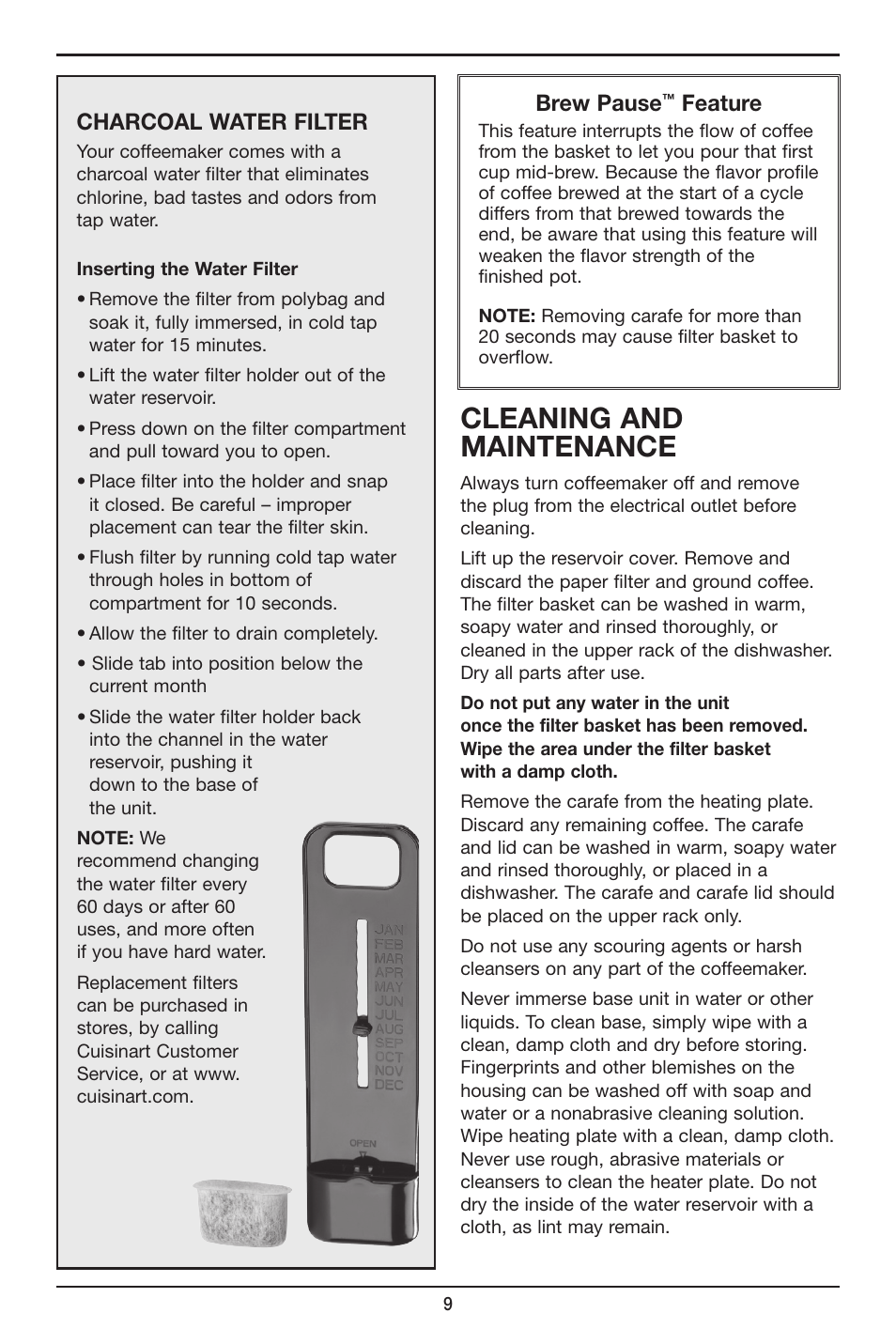 Cleaning and maintenance, Charcoal water filter, Brew pause | Feature | Cuisinart PERFECTEMP DCC-2800 User Manual | Page 9 / 13