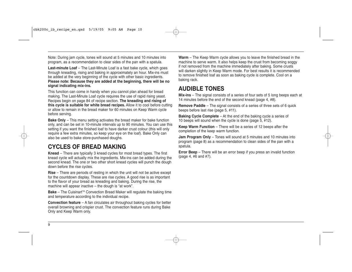 Cycles of bread making, Audible tones | Cuisinart CBK-200C User Manual | Page 10 / 114