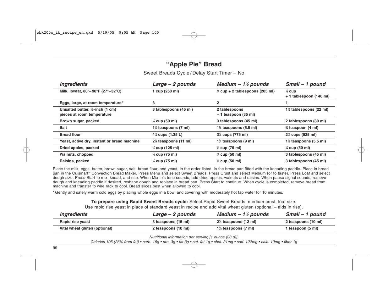 Apple pie” bread, Pounds small – 1 pound, Ingredients large – 2 pounds medium – 1 | Cuisinart CBK-200C User Manual | Page 100 / 114