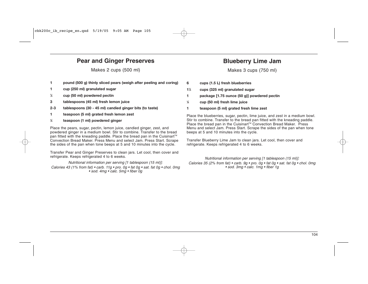 Pear and ginger preserves, Blueberry lime jam, Makes 2 cups (500 ml) | Makes 3 cups (750 ml) | Cuisinart CBK-200C User Manual | Page 105 / 114