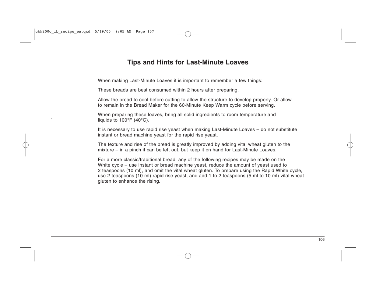 Tips and hints for last-minute loaves | Cuisinart CBK-200C User Manual | Page 107 / 114