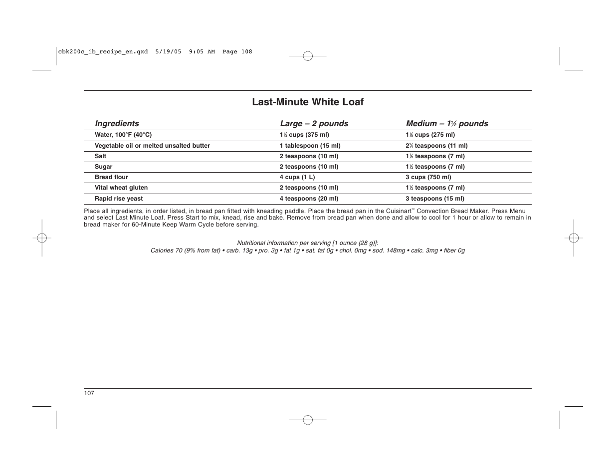 Last-minute white loaf, Ingredients large – 2 pounds medium – 1, Pounds | Cuisinart CBK-200C User Manual | Page 108 / 114