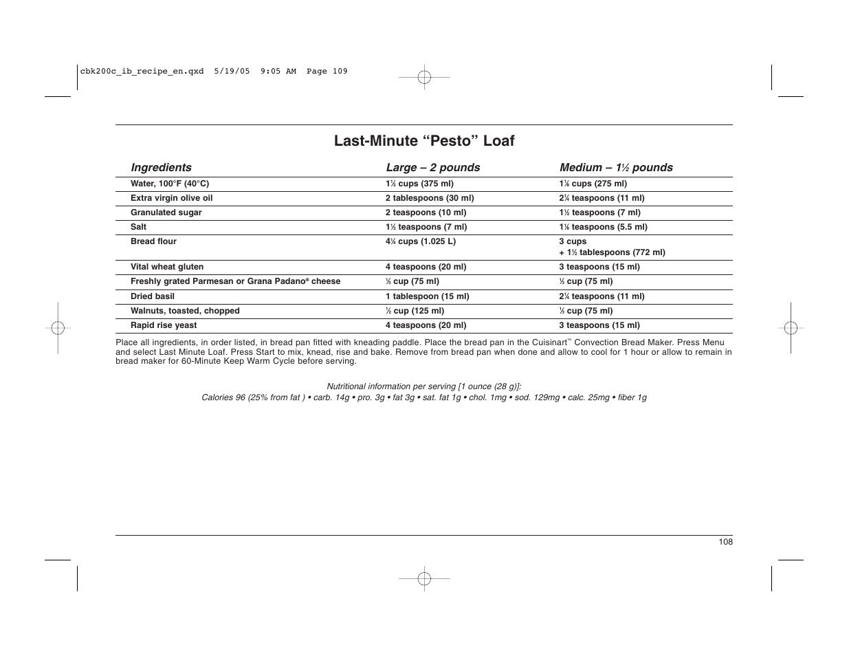 Last-minute “pesto” loaf, Ingredients large – 2 pounds medium – 1, Pounds | Cuisinart CBK-200C User Manual | Page 109 / 114