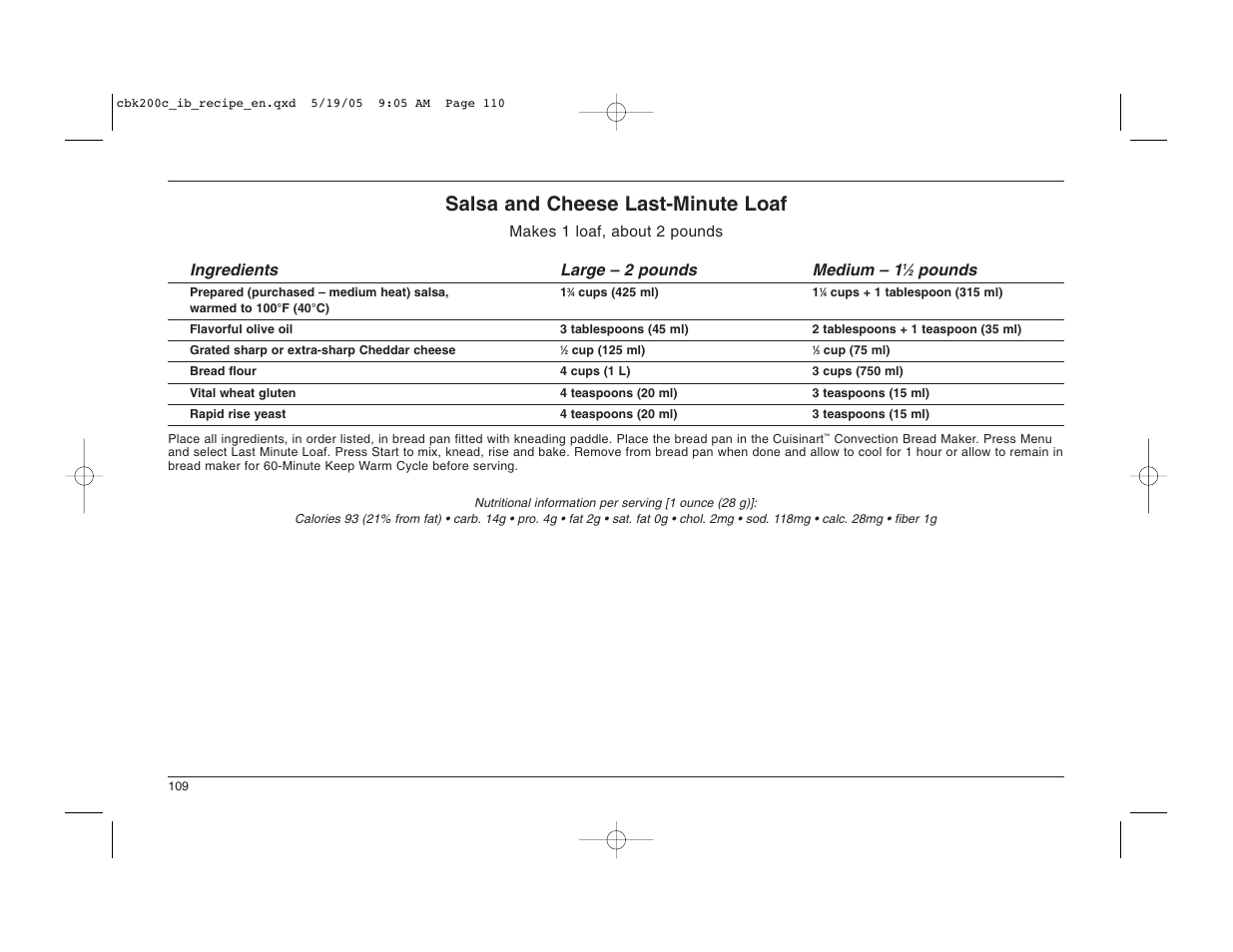 Salsa and cheese last-minute loaf, Pounds | Cuisinart CBK-200C User Manual | Page 110 / 114