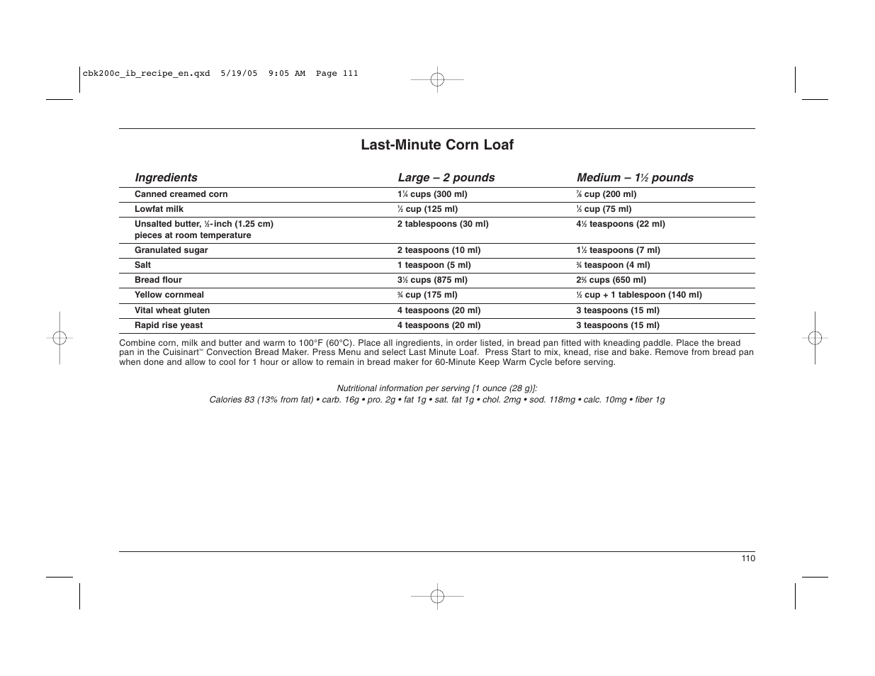 Last-minute corn loaf, Ingredients large – 2 pounds medium – 1, Pounds | Cuisinart CBK-200C User Manual | Page 111 / 114