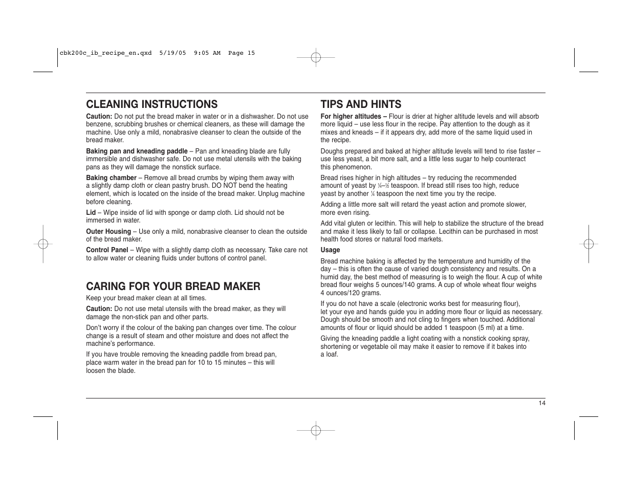 Cleaning instructions, Caring for your bread maker, Tips and hints | Cuisinart CBK-200C User Manual | Page 15 / 114