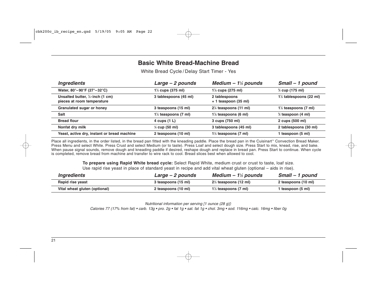 Basic white bread-machine bread, Pounds small – 1 pound, Ingredients large – 2 pounds medium – 1 | Cuisinart CBK-200C User Manual | Page 22 / 114