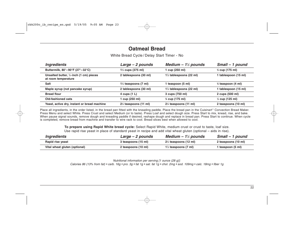 Oatmeal bread, Pounds small – 1 pound, Ingredients large – 2 pounds medium – 1 | Cuisinart CBK-200C User Manual | Page 23 / 114