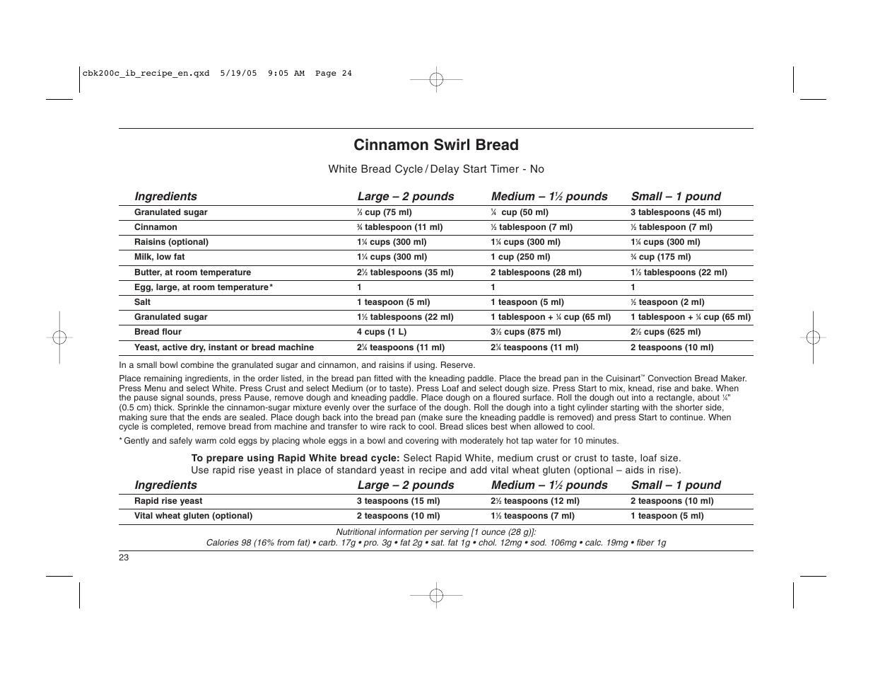 Cinnamon swirl bread, Pounds small – 1 pound, Ingredients large – 2 pounds medium – 1 | Cuisinart CBK-200C User Manual | Page 24 / 114